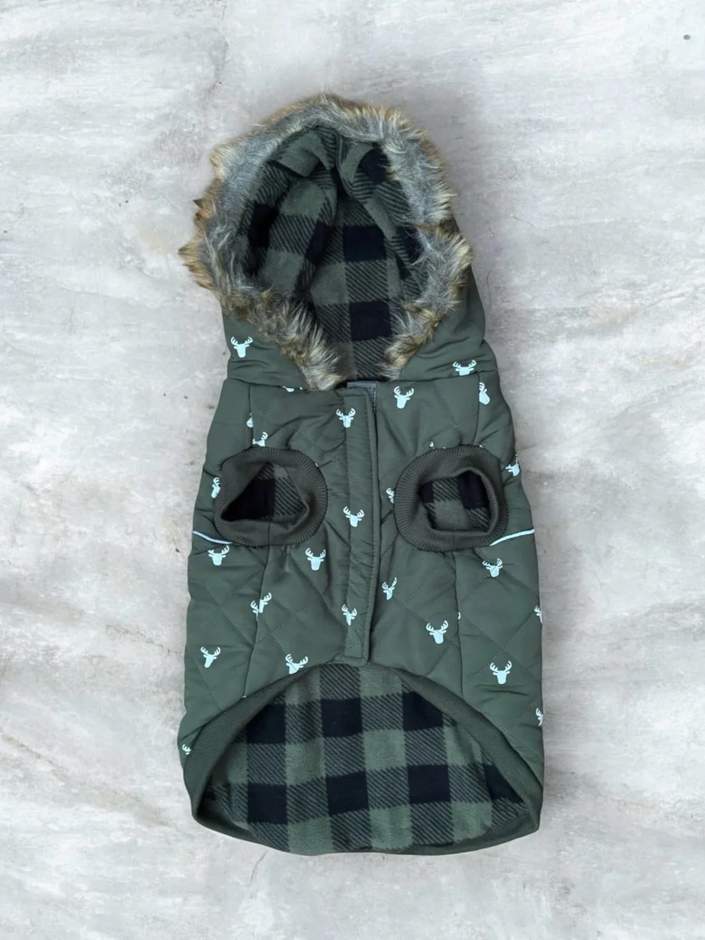 Dog Winter Puffer Vest in Olive Green with Faux Fur Hood